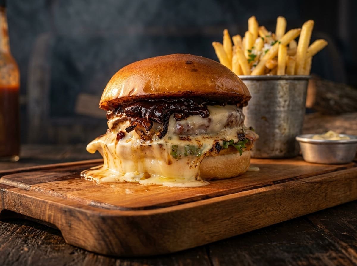 Hambúrguer artesanal defumado com queijo derretido, cebola caramelizada e fritas